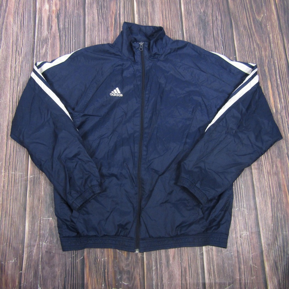 Adidas Jacket Mens Large Blue Full Zip Track Windbreaker 3 Stripes Athletic Y2K